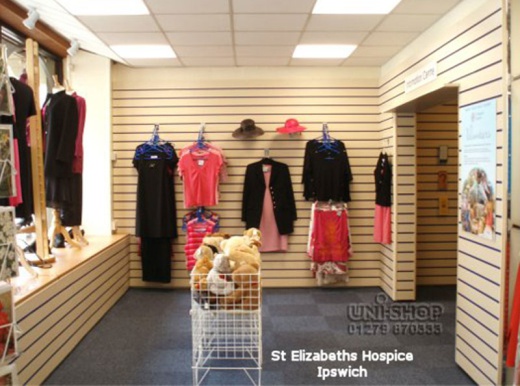 Slatwall, Slatwall fittings and Wire Dump Bin at St Elizabeths Hospice, Ipswitch