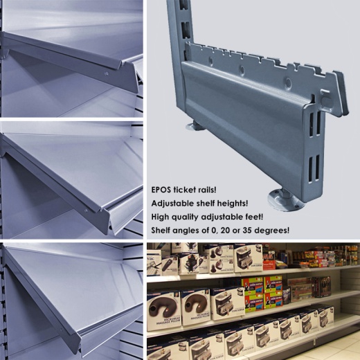 Image of Silver Retail Wall Shelving - 665mm Wide With 4 Mixed Shelves