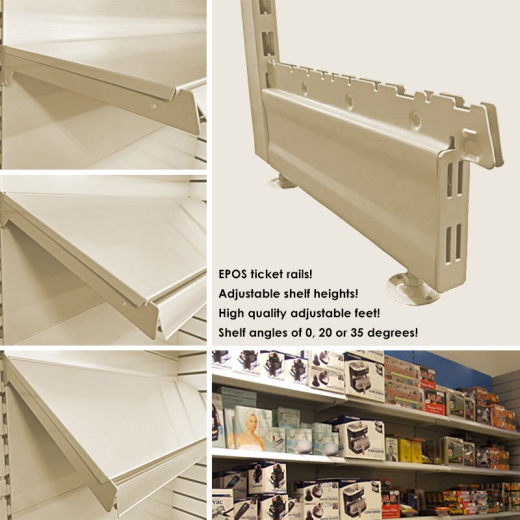 Image of Cream Retail Wall Shelving - 665mm Wide With 4 Mixed Shelves