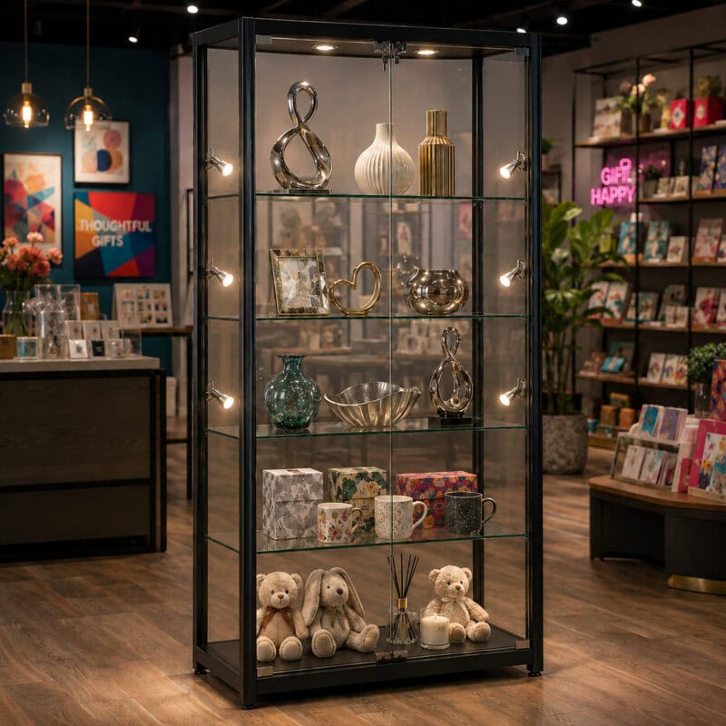 black-glass-display-cabinet-large - Uni-Shop Large black aluminium glass display cabinet