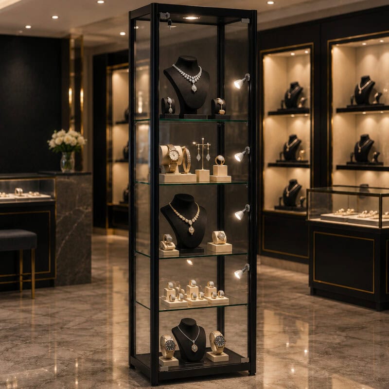 black-glass-shop-display-cabinet - Uni-Shop Black Aluminium & Glass Shop Display Cabinet