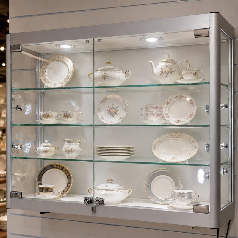 glass-wall-mounted-cabinet-1 - Uni-Shop Glass-front display cabinet showing a fine floral china tea set and plates on glass shelves under built-in lighting.