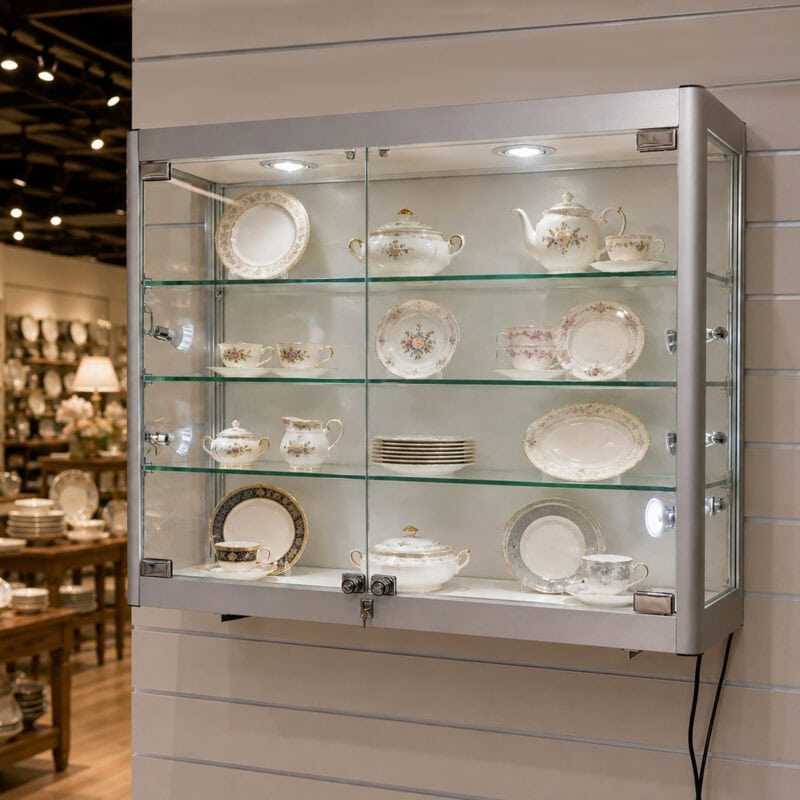 glass-wall-mounted-retail-cabinet - Uni-Shop Glass-front display cabinet showing a fine floral china tea set and plates on glass shelves under built-in lighting.