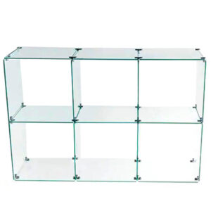 Display made up of six interconnected glass cubes.