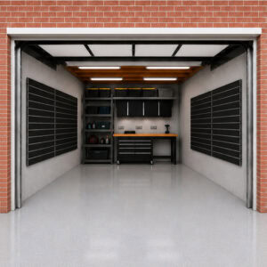 Open garage with brick exterior, showing a storage/workshop area inside with pegboard walls and shelves holding bins and tools.