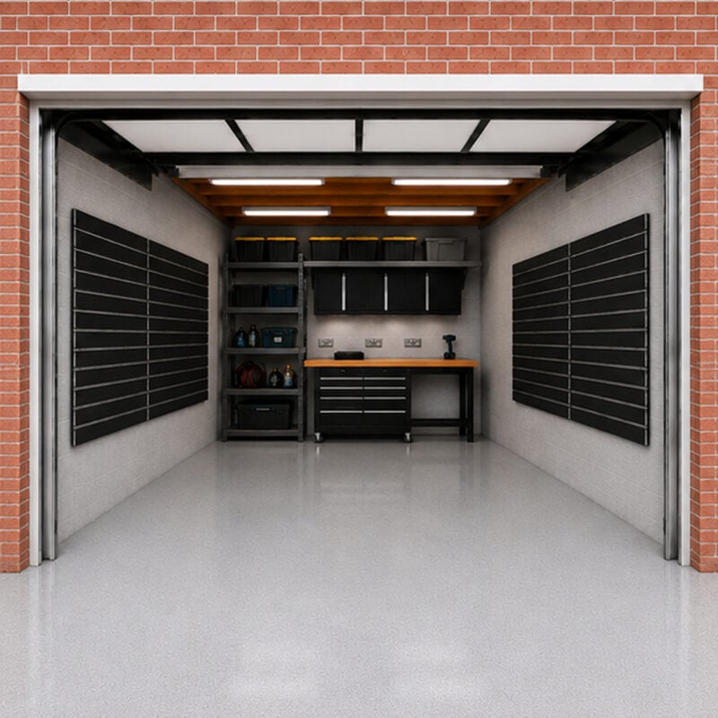Open garage with brick exterior, showing a storage/workshop area inside with pegboard walls and shelves holding bins and tools.