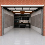 Open storage room inside a brick building, with metal shelving, a wood workbench, and tools arranged on the shelves in a bright, clean space