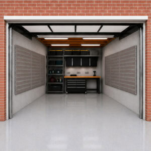 Open storage room inside a brick building, with metal shelving, a wood workbench, and tools arranged on the shelves in a bright, clean space