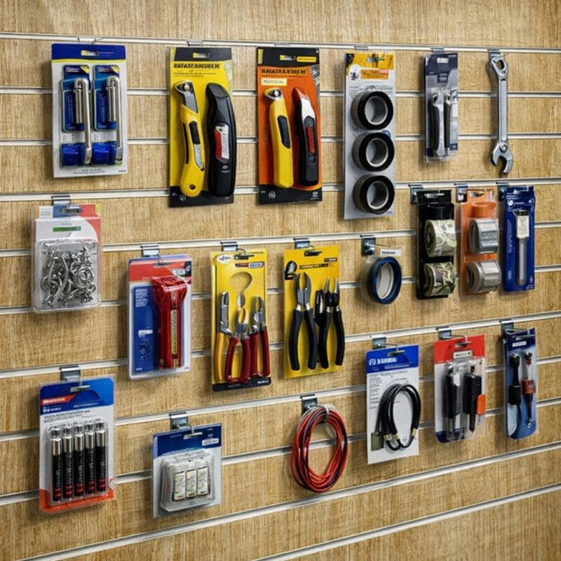 Rustic Oak Slatwall Panel with products in shop scene