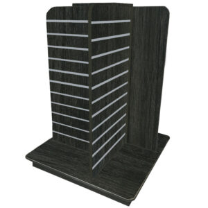 Slatwall Gondola 4-Way in a Jet Oak Finish with Aluminium Inserts