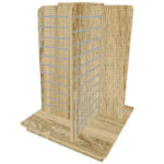 Slatwall 4-Way Gondola in a Rustic Oak Finish with Aluminium Inserts