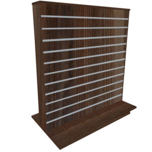 Slimline Slatwall Display Gondola in a Dark Ash Finish with Aluminium Inserts