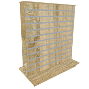 Slimline Slatwall Display Gondola in a Rustic Oak Finish with Aluminium Inserts