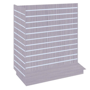 T-Shaped Slatwall Gondola Display in a Pino Grey finish with Aluminium Inserts