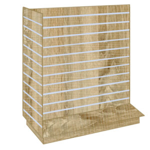T-Shaped Slatwall Gondola Display in a Rustic Oak finish with Aluminium Inserts