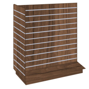 T-Shaped Slatwall Gondola Display in a Walnut finish with Aluminium Inserts